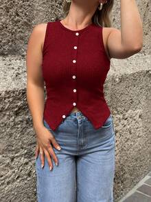 Jeta Ari 女式休闲罗纹短款侧开衩吊带背心 - 酒紅色 - 查看 3