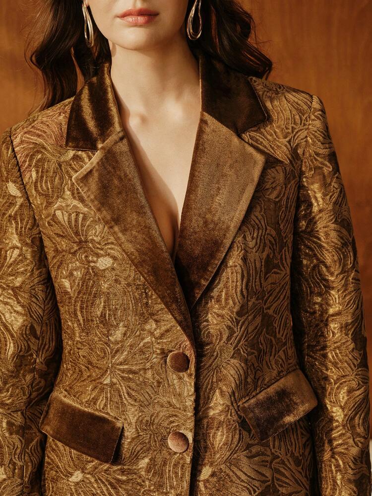 Women's Elegant Jacquard Fashionable Versatile Chic Slim Fit Blazer Jacket, Suitable For Formal, Party, Work, Graduation, Wedding, Red Dress