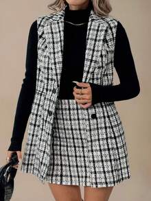 Juhart Ensemble 2 pièces grande taille pour femmes, composé d'un gilet à motif écossais et d'une jupe mi-longue évasée. Élégant pour les déplacements quotidiens