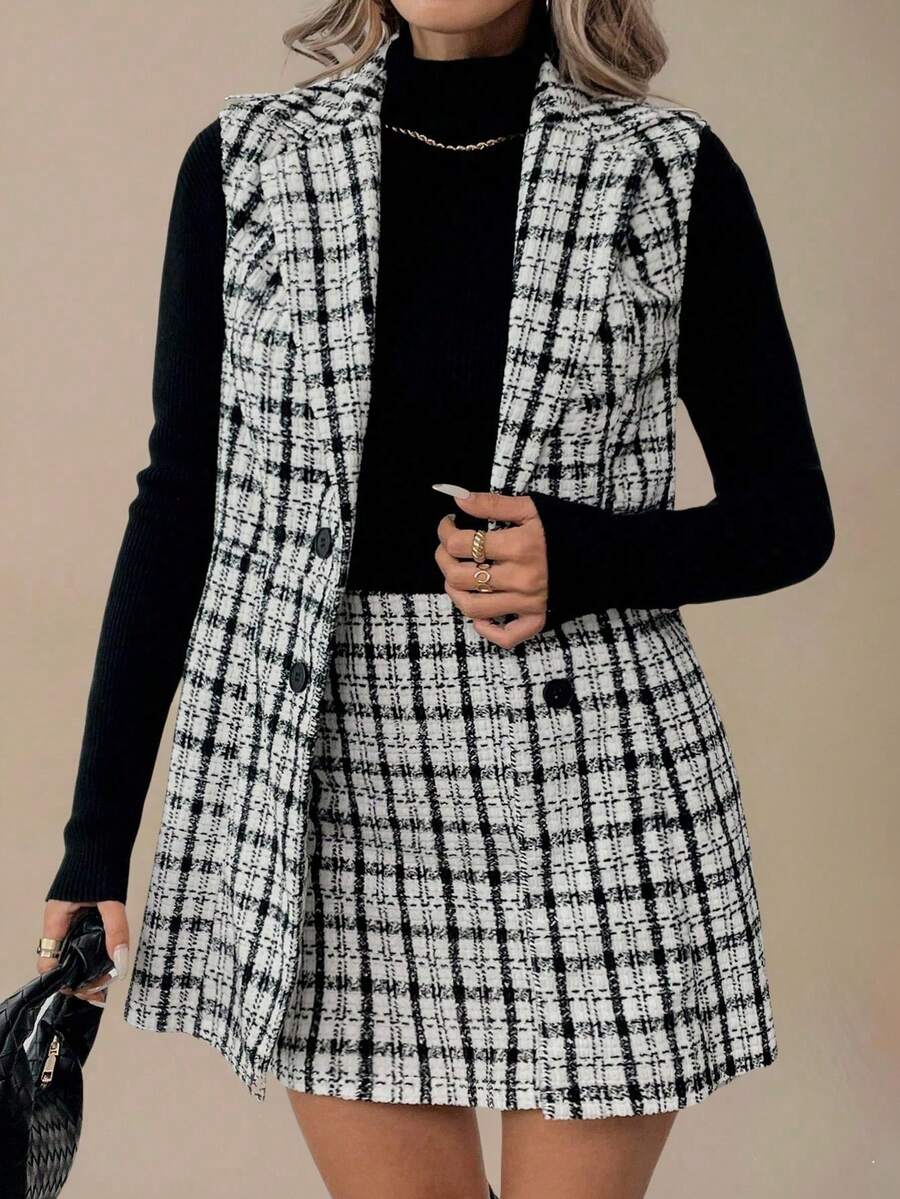 Juhart Ensemble 2 pièces grande taille pour femmes, composé d'un gilet à motif écossais et d'une jupe mi-longue évasée. Élégant pour les déplacements quotidiens