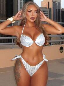 Swim SXY 女士纯色无钢圈比基尼套装，性感海滩度假风，春夏款 - 白色 - 查看 2