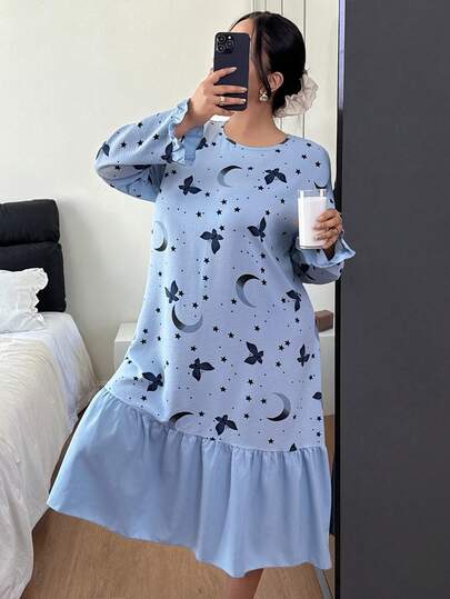 SHEIN 加大码宽松睡裙，梦幻星月蝴蝶印花，荷叶边下摆，冬季款