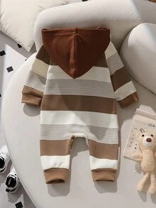 SHEIN 婴儿/幼儿男童休闲撞色连帽条纹可爱小熊连体衣 - 棕色 - 查看 2