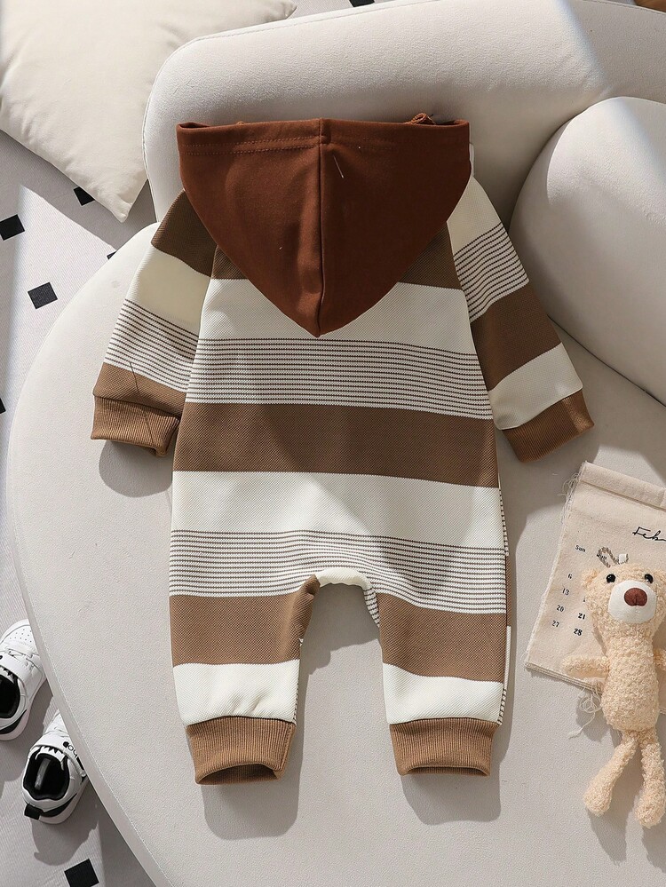 婴儿/幼儿男童休闲撞色连帽条纹可爱小熊连体衣 - 棕色 - 查看 2