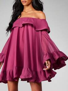 MISSGUIDED 露肩迷你连衣裙，荷叶边喇叭袖，飘逸柔美，适合派对和晚宴穿着 - 紫色 - 查看 6