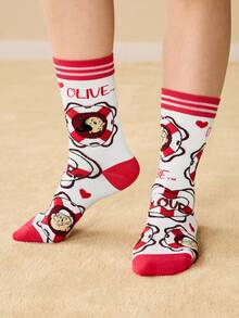 Popeye X SHEIN 2 đôi tất nữ mềm mại, thoáng khí, thấm hút mồ hôi, kiểu dáng thường ngày, dài đến bắp chân, họa tiết hoạt hình dễ thương màu hồng và trắng, mũi và gót được gia cố để tăng độ bền, phù hợp mọi mùa hè và đông, tất in hình, ý tưởng quà tặng. - Nhiều màu - Xem 5