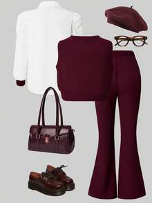 SHEIN Sparklyn 三件套休闲时尚针织高弹力背心喇叭裤，适合少女穿着，长袖翻领白衬衫，舒适轻薄，优雅派对假日春秋季三件套 - 彩色 - 查看 2