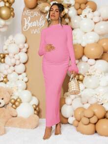 Loomaby Maternity Elegant Patchwork Fuzzy Cuff Dress, Autumn Babyshower Dress Maternity Maternity Dress Pink Pink Maternity Dress Baby Shower Dress Pink Pink Birthday Outfit Women - Pink - View 3