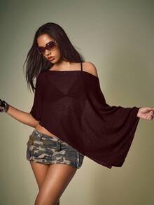 Y2Kool BiGraphic 酒红色镂空针织罩衫，百搭女式秋冬上衣，针织衫，露肩上衣，蝙蝠袖上衣 - 酒紅色 - 查看 2