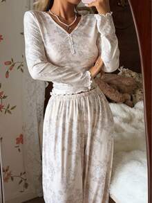 CottageSlumber Women's V-Neck Button Floral Print Knit Long Sleeve Pajama Set, Winter Clothes