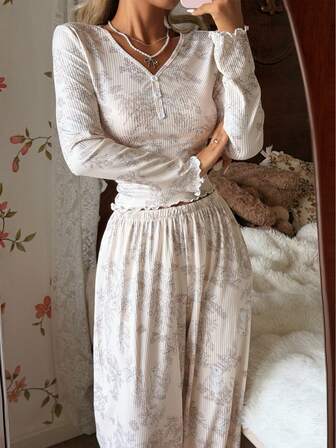 CottageSlumber Women's V-Neck Button Floral Print Knit Long Sleeve Pajama Set