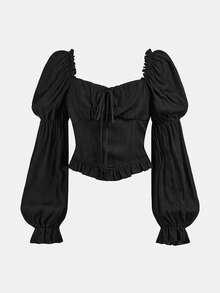 SHEIN Girlism Teen Girl Black Casual Versatile Square Neck Off-Shoulder Pleated Puff Sleeve Spring/Summer New Short Blouse Cute Black Tops Black Girls Top - Black - View 1