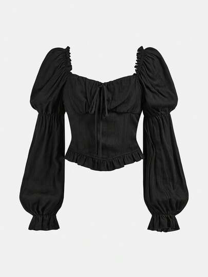 SHEIN Girlism Teen Girl Black Casual Versatile Square Neck Off-Shoulder Pleated Puff Sleeve Spring/Summer New Short Blouse Cute Black Tops Black Girls Top