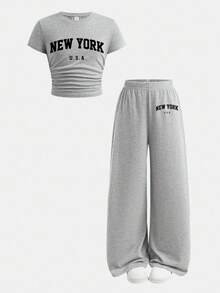 SHEIN Set Kaos Lengan Pendek Kasual Gaya New York untuk Remaja Perempuan - Grey - View 3