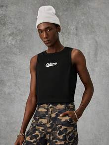 AXEPEAK Men's Letter Print Loose Round Neck Tank Top - Black - View 11