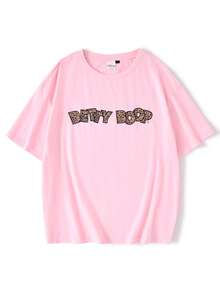 Betty Boop x SHEIN Women's Leopard Print And Cartoon Figure Graphic Round Neck Short Sleeve T-Shirt - Pink - View 2