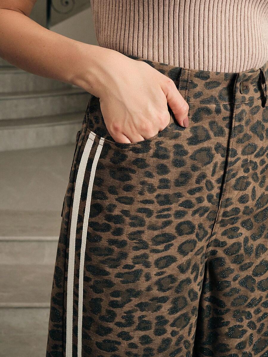 Anewsta بنطلون نسائي كاجوال فضفاض بقصة مستقيمة الساق مع شريطين وطبعة نمر عتيقة - بني - مشاهدة 1