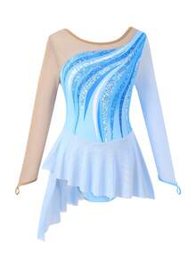 SHEIN 少女花样滑冰服，紫红色花卉印花，饰以优雅闪亮的水钻，长袖，修身网纱裙，舒适时尚，适合比赛和训练 - 藍色 - 查看 2