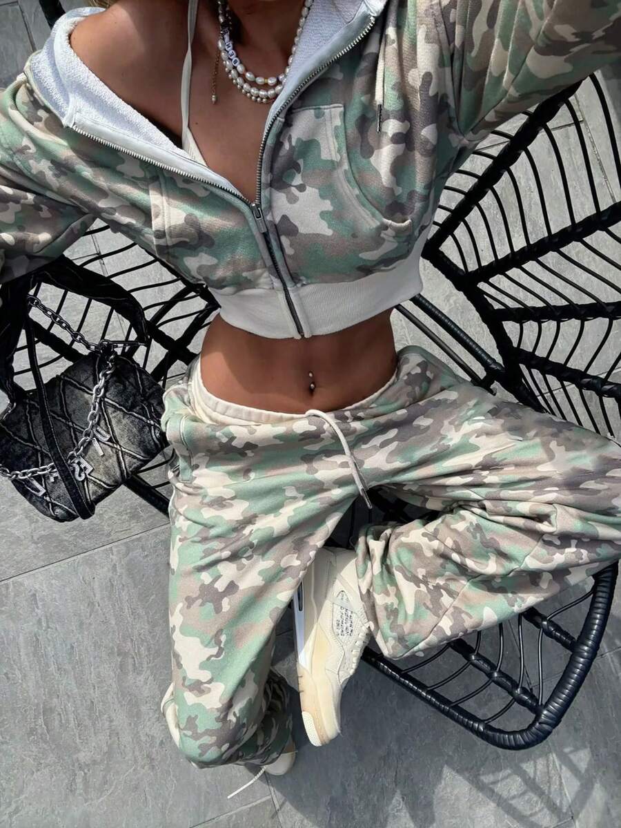 Rovax 两件套女士迷彩印花连帽拉链长袖上衣和裤子套装