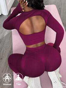 Slaydiva 1 Bộ đồ thể thao liền mạch màu trơn co giãn cao dành cho nữ, áo crop top và quần legging tập thể dục cho năm mới của Trung Quốc dành cho nữ, bộ đồ tập legging cho nữ - Màu Đỏ Sâu - Xem 1