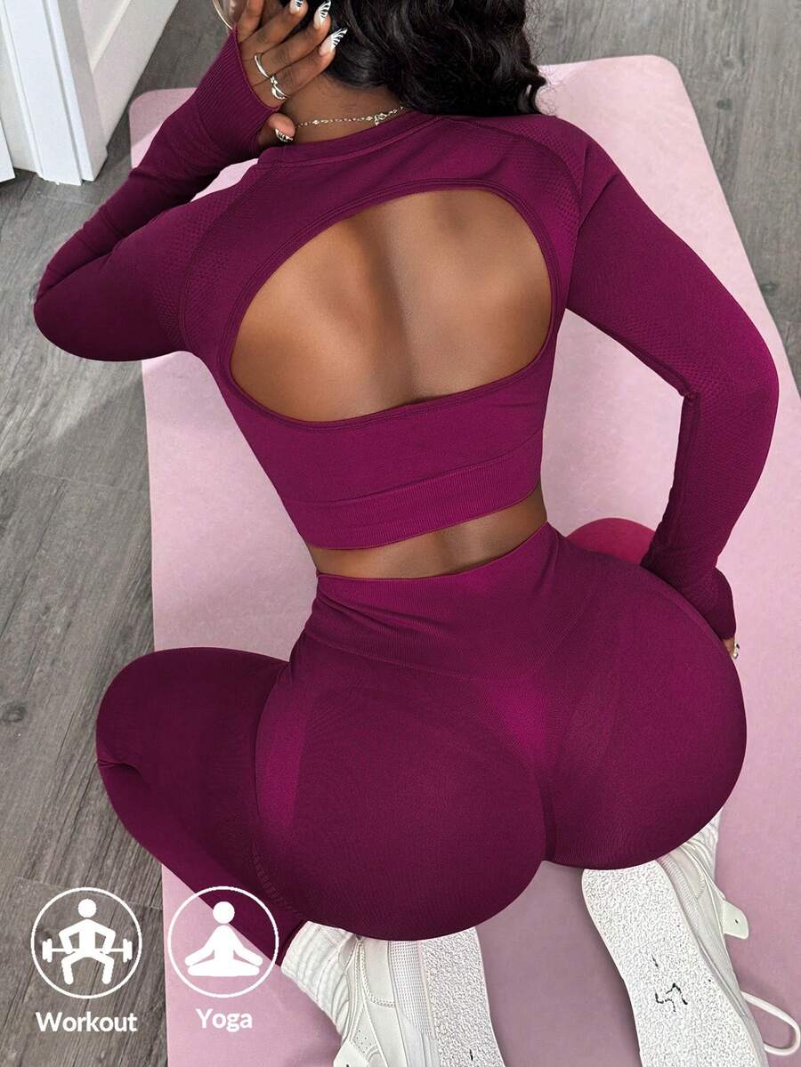 Slaydiva 1 Bộ đồ thể thao liền mạch màu trơn co giãn cao dành cho nữ, áo crop top và quần legging tập thể dục cho năm mới của Trung Quốc dành cho nữ, bộ đồ tập legging cho nữ - Màu Đỏ Sâu - Xem 1