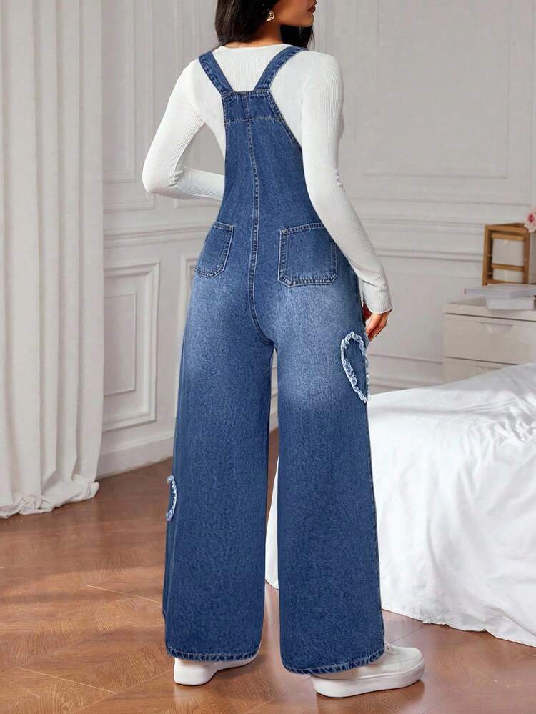 SHEIN 少女磨边心形牛仔宽松工装裤 - 深色水洗藍 - 查看 2