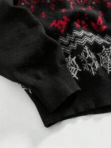 ROMWE MEN Goth Men's Skull Pattern Long Sleeve Crew Neck Knit Sweater, Autumn/Winter - Black - View 4