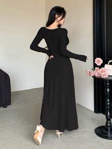 DAZY 女士优雅纯色V领扭结中长连衣裙，秋冬款 - 黑色 - 查看 2