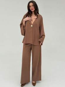 Aloruh Apricot Casual Office Outfit, New Autumn/Winter Loose Blazer Jacket + Wide Leg Pants 2 Pieces Set For Women Brown - Apricot - View 5