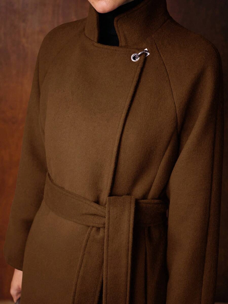 MOTF PREMIUM WOOL BLEND SOLID LAPEL COLLAR BELTED LONGLINE OVERCOAT - Brown - View 2