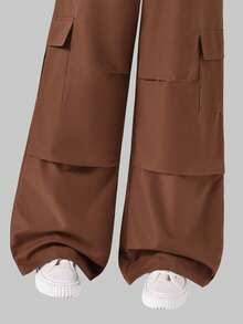 2pcs/Set Girls Crew Neck Sweatshirt Paired With Fashionable Casual Khaki Cargo Pants, Streetwear Outfit - Khaki - View 3