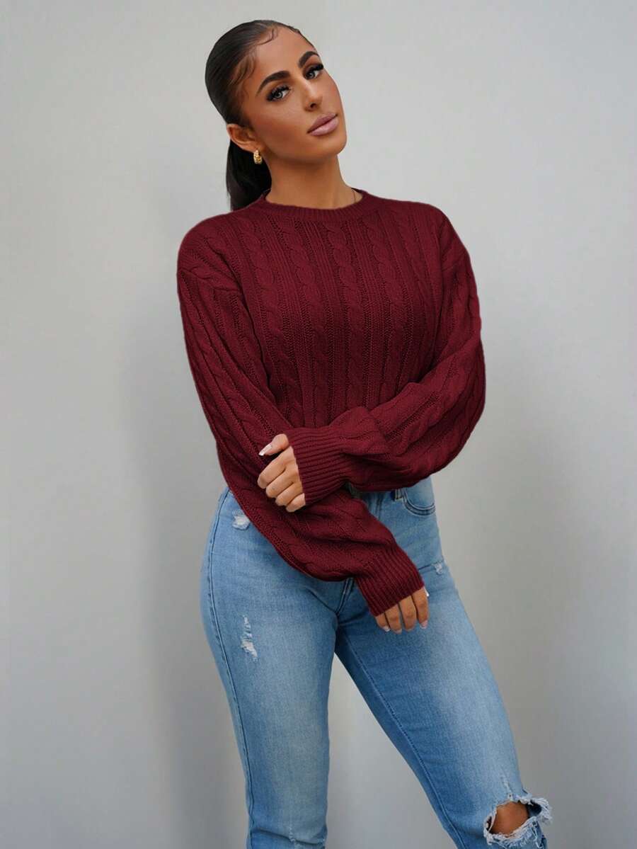 SAYEHFBABY Solid Color Crew Neck Cable Knit Casual Pullover Sweater,Long Sleeve Tops Knit Pullover Fall Winter Outfit - Burgundy - View 1