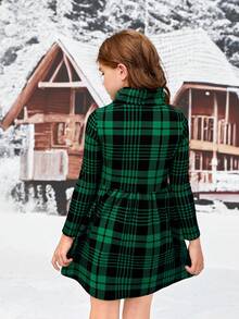 SHEIN 少女格子领长袖圣诞连衣裙 - 綠色 - 查看 2