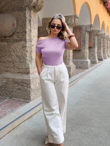 Jeta Ari Women Solid Color Simple Daily Oblique Shoulder Pleated T-Shirt - Purple - View 6