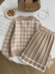 Sparklyn 两件套女童针织套装，粉色可爱刺绣兔子格子毛衣+针织迷你裙，少女长袖V领套头衫，秋冬季休闲优雅风