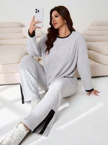 Solflare 2pcs/Set Plus Size Contrast Color Trim Ribbed Knit Round Neck Long Sleeve Top And Slit Leg Long Pants,Winter Clothes For Women - Multicolor - View 6