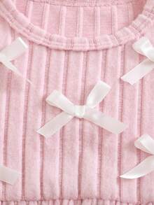 SHEIN 2pcs Baby Girls Casual Comfortable Sweet Round Neck Bow Decor Ribbed Knit Dress, Autumn/Winter - Multicolor - View 6