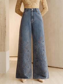 Anewsta Elaire Women's High Waist Embroidered Hollow Out Loose Wide Leg Jeans Pants, Fashionable For Spring, Valentine's Day Party