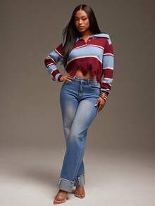 Denimoi Calça jeans feminina de corte reto e folgado com bolsos e barra desfiada, casual e versátil. - Azul - Ver 4