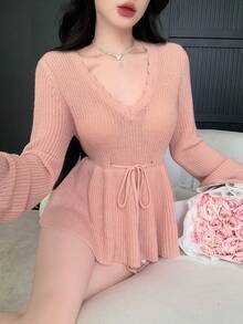 DAZY 女士优雅通勤V领荷叶边拼接收腰长袖针织毛衣，纯色，简约，适合秋冬季 - 粉色 - 查看 10