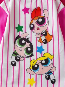 THE POWERPUFF GIRLS X SHEIN Baby Girl Cute Cartoon Blossom, Bubbles, Buttercup Pattern Stripe Print Round Neck Drop Shoulder Long Sleeve Knit Sweet Cute Sweatshirt Dress, Suitable For Autumn/Winter Toddler Girl Clothes Cartoon - Multicolor - View 5