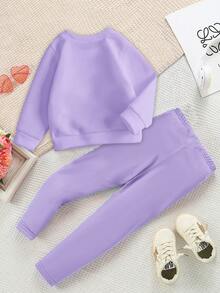 SHEIN Cozy Fall & Winter Styles 2pcs Baby Girls Casual Fashion Creative Personalized Fresh Cute Cartoon Character Leopard Print Number Bow Ice Cream Pattern Letter Slogan Rabbit Animal Cartoon Bow Number 23 Ice Cream Print Casual Basic Purple Crew Neck Sweatshirt And Purple Leggings Set, Comfortable Outfit For Baby Girls In Autumn/Winter Babygirl Outfits Pants Violet Lilac Blue Toddler Outfit Toddler Girl Purple Sets Lavender Outfit Toddler - Multicolor - View 3