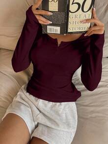 SHEIN EZwear 女士休闲紧身圆领长袖T恤，适合秋冬季 - 酒紅色 - 查看 3