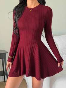 SHEIN PETITE Women's Elegant Burgundy Solid Round Neck Ribbed Long Sleeve Mini Dress,Autumn Casual Dining Outfit,New Year Party,Christmas & Valentine's Day Dresses ,Petite Women - Burgundy - View 8