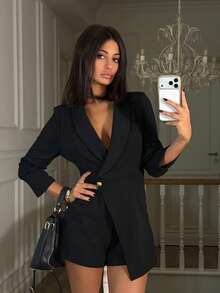 Ronhire Solid Shawl Collar Wrap Spring Outfits Black Romper - Black - View 6