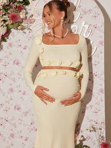 Loomaby Conjunto elegante de 2 piezas con top corto de manga larga con decoración floral 3D y falda midi con dobladillo de cola de sirena, unicolor para maternidad - Caqui - Ver 4