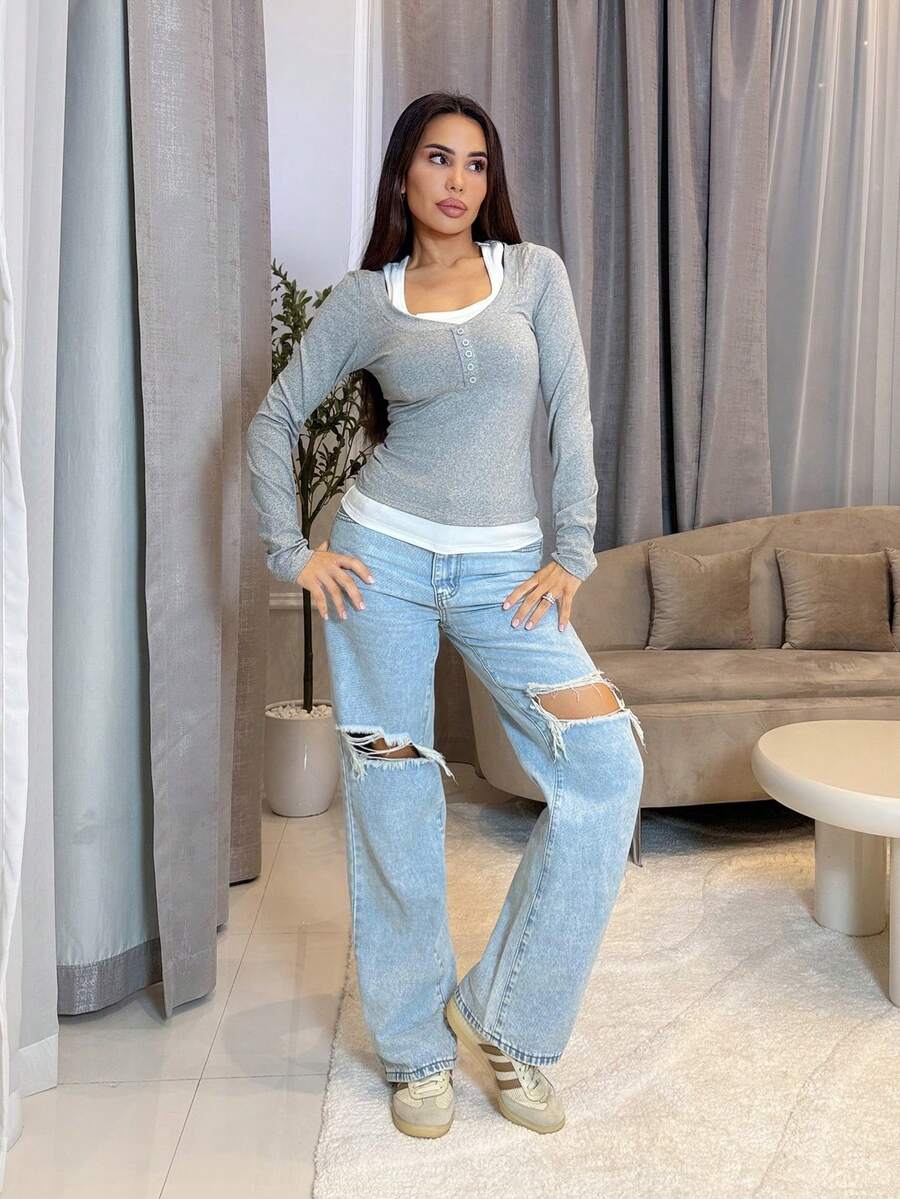 Milla Jasmine تي شيرت بأكمام طويلة بألوان متعددة على الطراز الأمريكي العتيق، لباس علوي كاجوال بقصّة مناسب الأهيف، خريف