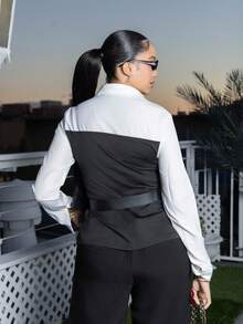 Melissa Matos Women Contrast Color Waist Belt Casual Long Sleeve Blouse Fall Cloth For Women