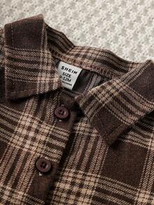 SHEIN Playful Pals 3件套女婴时尚别致套装：格子长袖衬衫+背带短款露脐上衣+喇叭牛仔裤休闲套装 - 棕色 - 查看 3