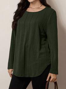 SHEIN LUNE Plus Size Casual Long Sleeve Textured Fabric T-Shirt With Curved Hem, Suitable For Autumn/Winter Holiday - Army Green - View 4